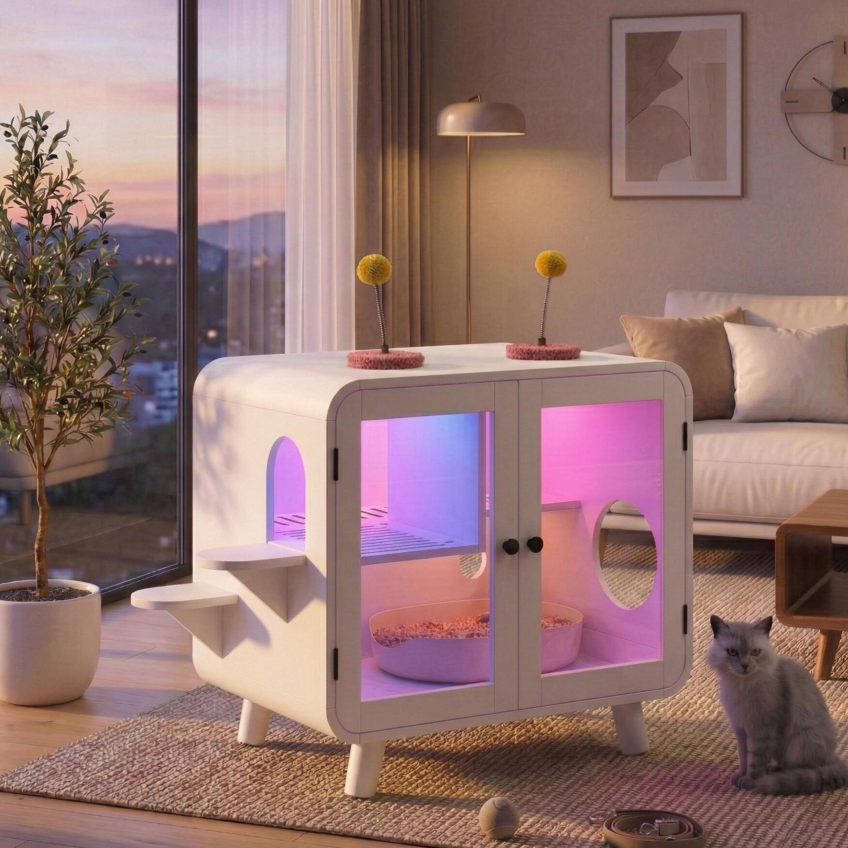 Cat Hidden Litter Box Enclosure with RGB LED Light HouseOfZazla white cabinet on Tampa Home & Garden Store