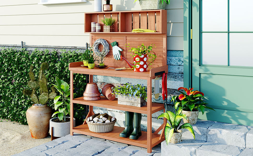 TOPMAX 65' Large Wooden Farmhouse Rustic Outdoor Potting Bench Table HouseOfZazla on Tampa Home & Garden Store