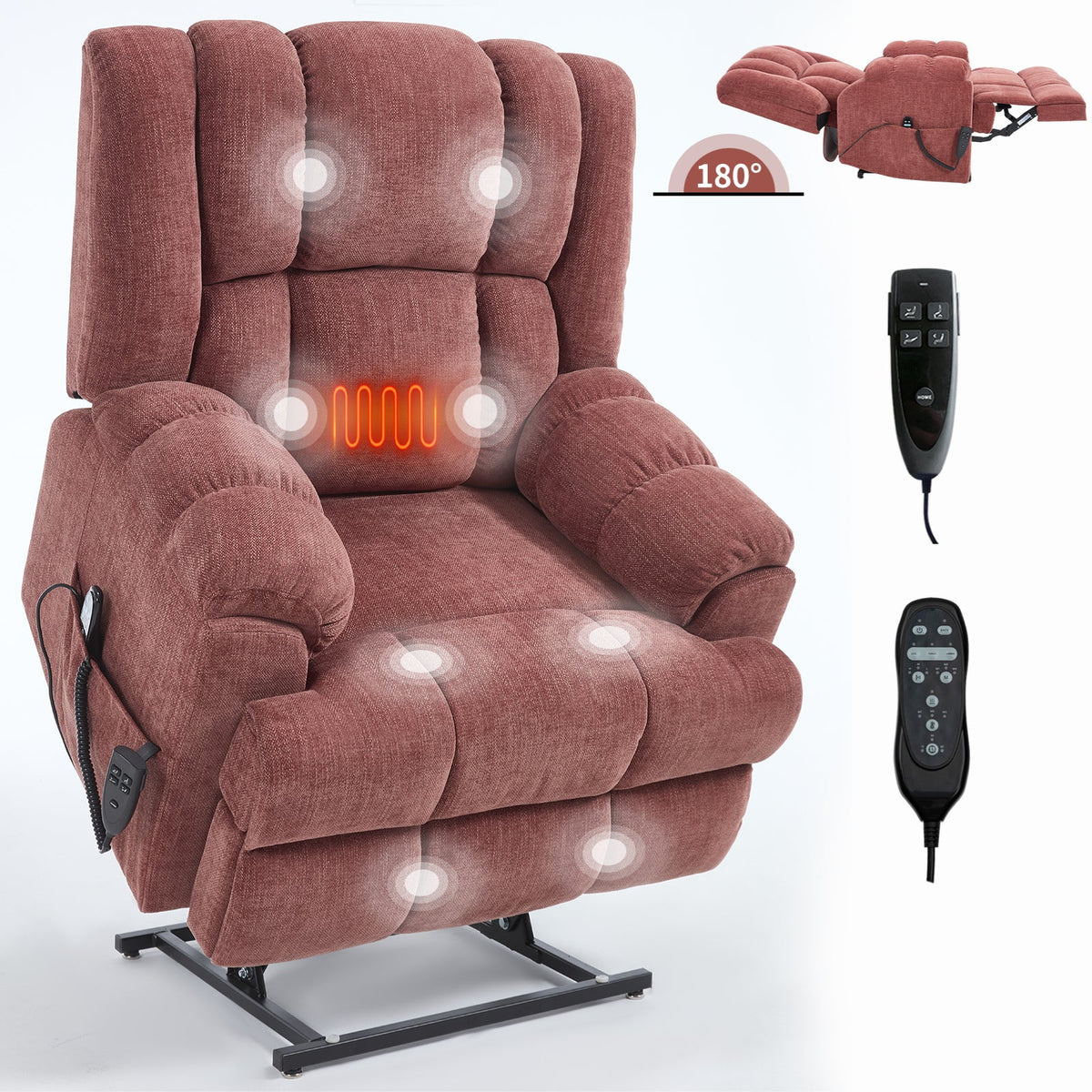 Dual Motor Heat Massage Lift Recliner burgundy by HouseOfZazla 180° on Tampa Home & Garden Store