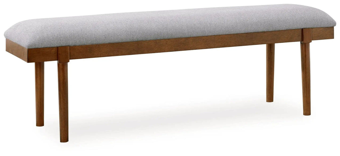 Lyncott upholstered dining bench gray fabric with brown wood legs by Unique Piece Furniture on Tampa Home & Garden Store