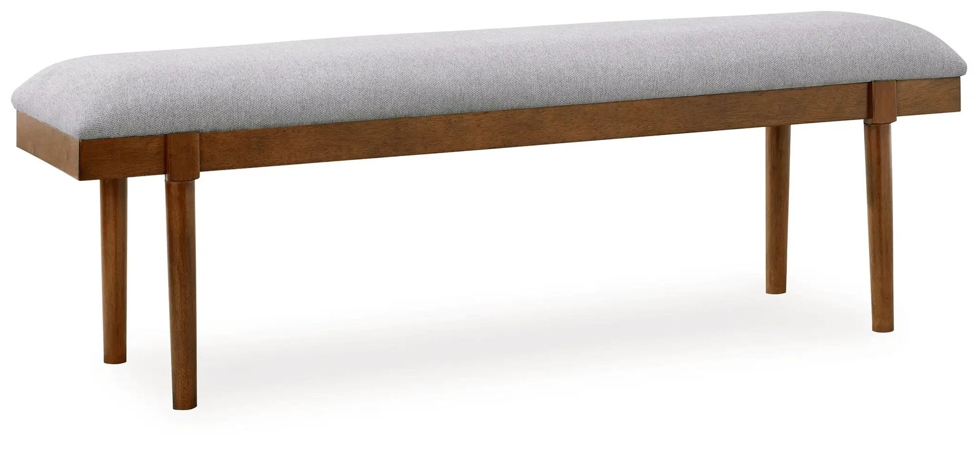 Lyncott upholstered dining bench gray fabric with brown wood legs by Unique Piece Furniture on Tampa Home & Garden Store
