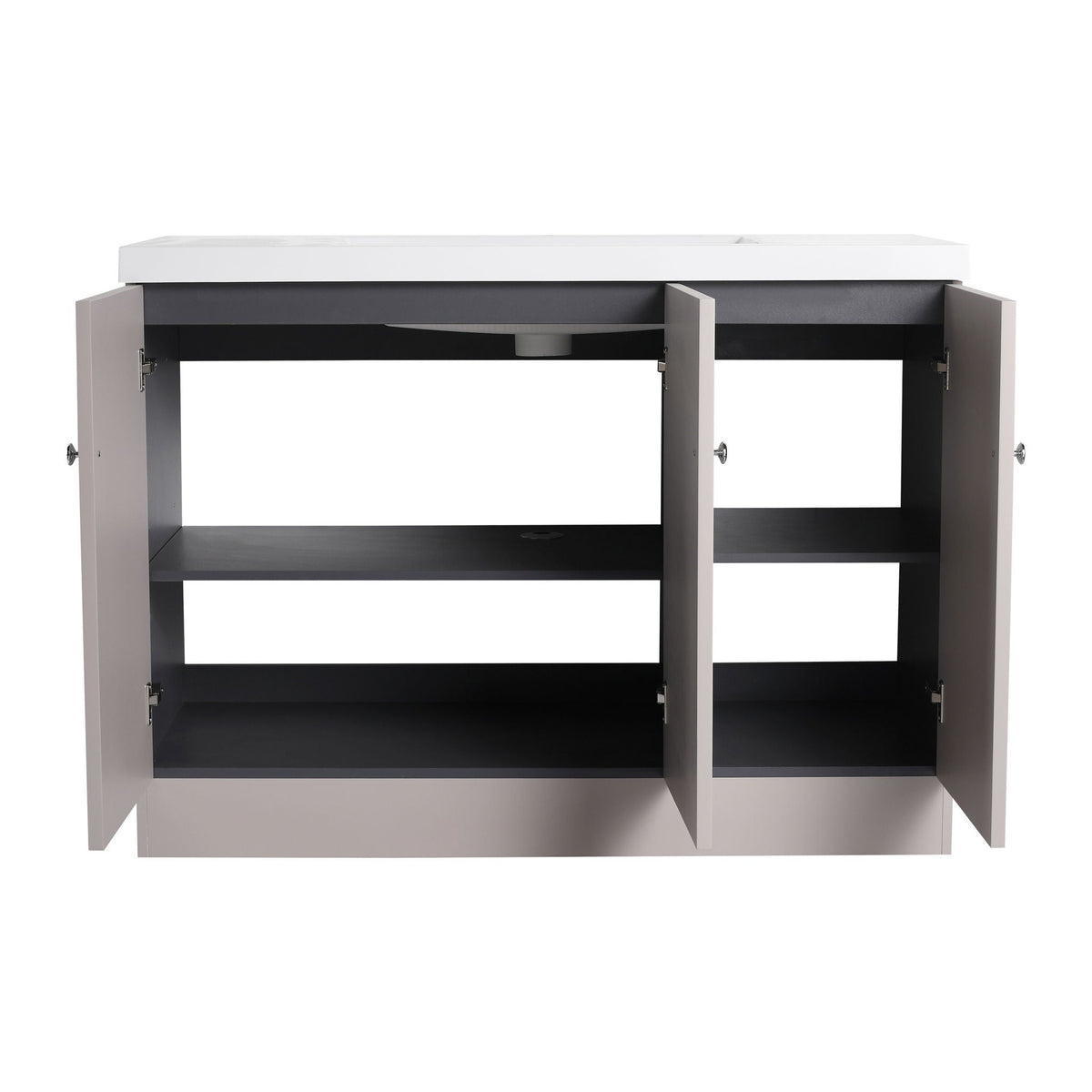 Freestanding bath vanity with resin sink and door, white top over gray cabinet on Tampa Home & Garden Store