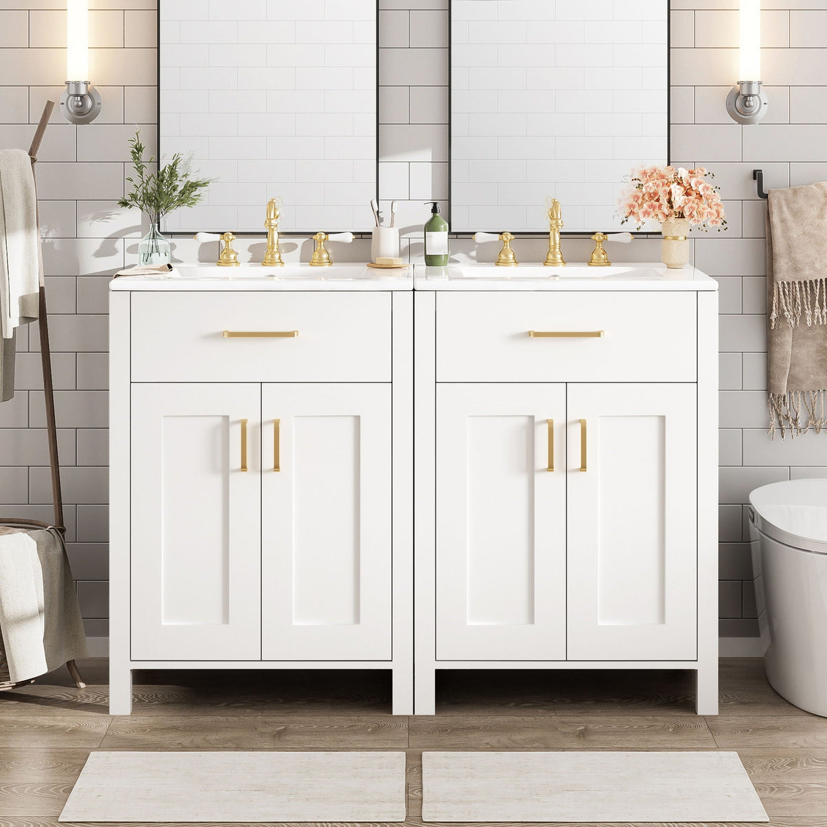 Modern bathroom vanity and soft-close cabinet HouseOfZazla, white with gold hardware, sinks on Tampa Home & Garden Store