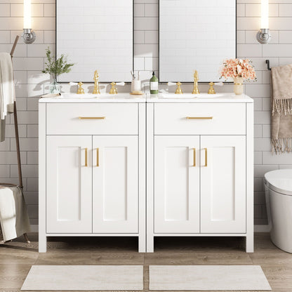 Modern bathroom vanity and soft-close cabinet HouseOfZazla, white with gold hardware, sinks on Tampa Home & Garden Store