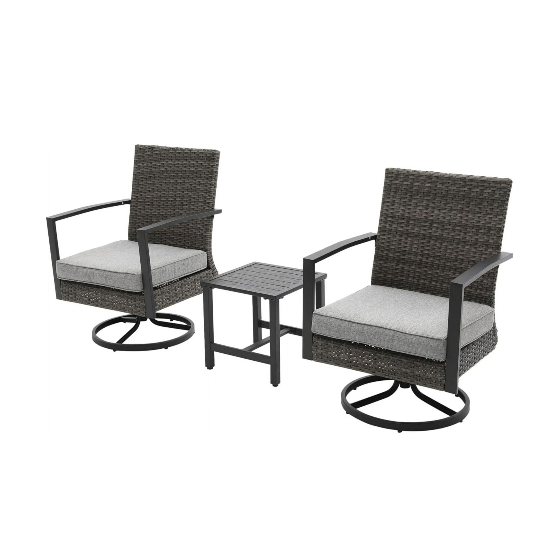 3pc patio set with 2 swivel rocker chairs and side table in gray wicker cushions on Tampa Home & Garden Store