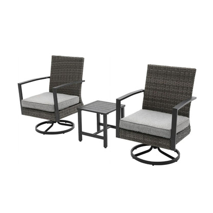 3pc patio set with 2 swivel rocker chairs and side table in gray wicker cushions on Tampa Home & Garden Store