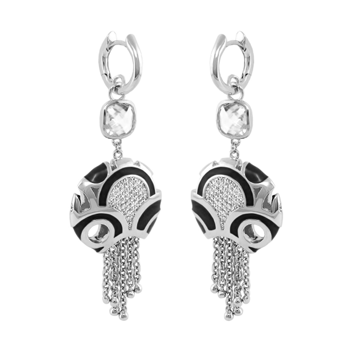 Magic 8 chandelier earrings by Lauren G Adams, silver-tone with crystal drops and tassel fringe on Tampa Home & Garden Store