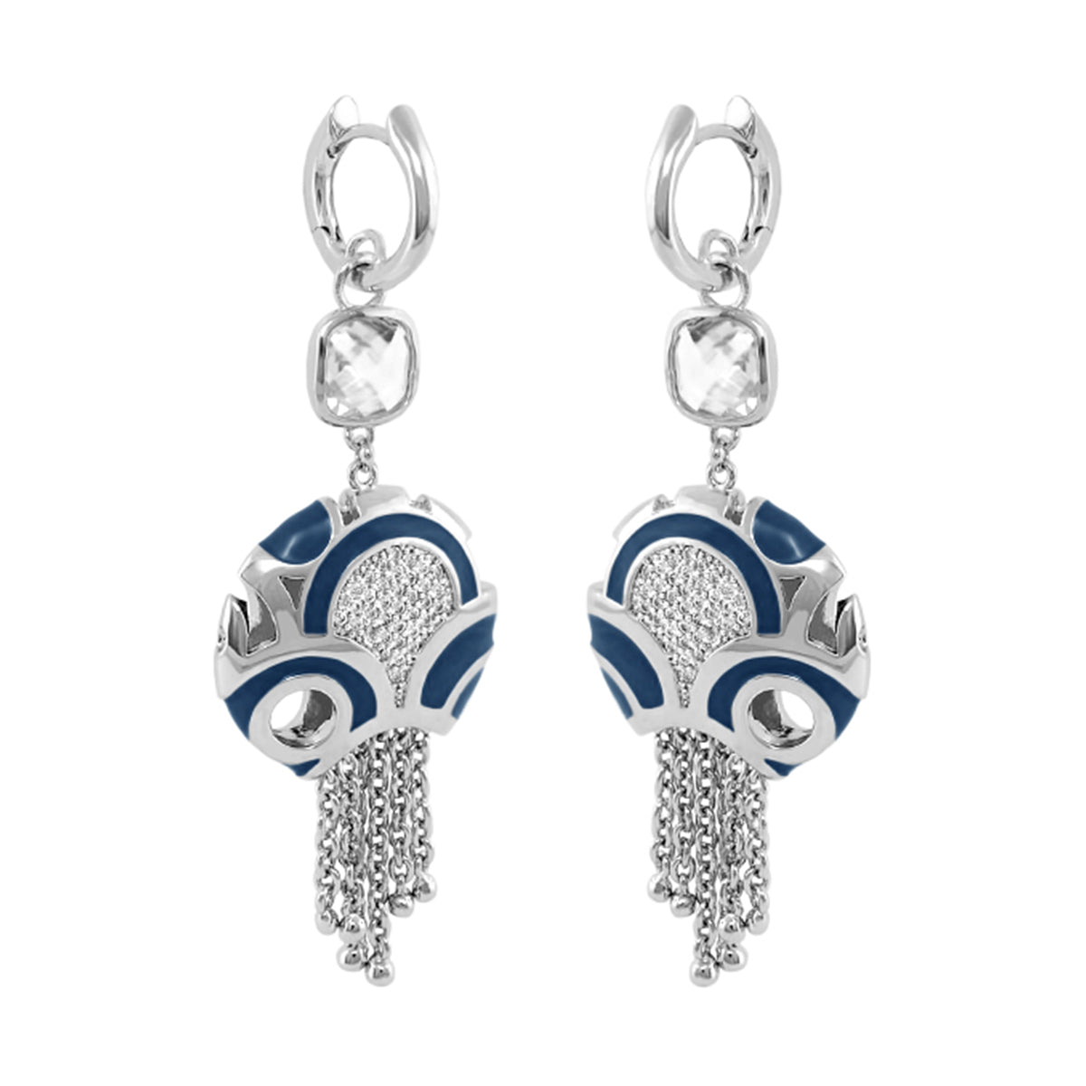 Magic 8 chandelier earrings by Lauren G Adams blue enamel with crystal silver tassel fringe on Tampa Home & Garden Store