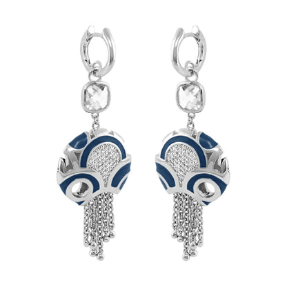 Magic 8 chandelier earrings by Lauren G Adams blue enamel with crystal silver tassel fringe on Tampa Home & Garden Store