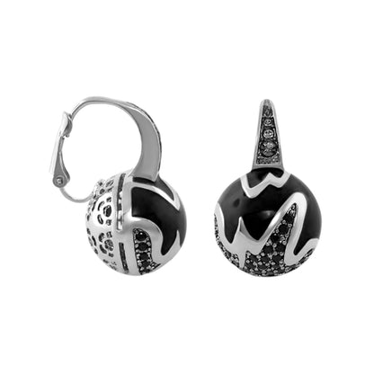 Earth Wind and Fire Earrings, silver-tone hoops with black enamel ball and crystal accents, lever-back on Tampa Home & Garden Store