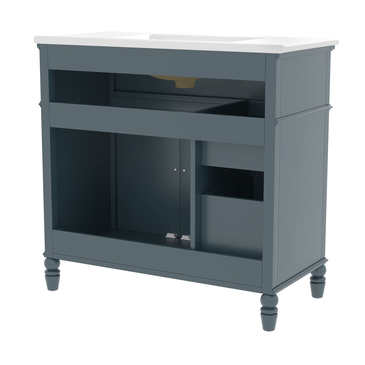 Bathroom vanity with sink and drawers, solid wood cabinet in blue-gray with white top on Tampa Home & Garden Store