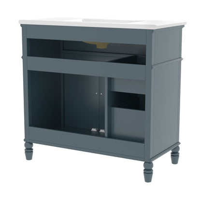 Bathroom vanity with sink and drawers, solid wood cabinet in blue-gray with white top on Tampa Home & Garden Store