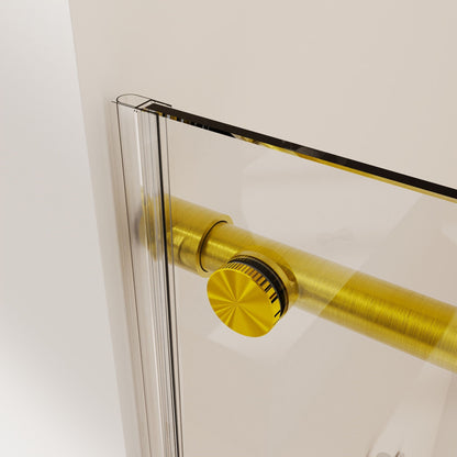Frameless single sliding soft-close shower door with clear glass and gold hardware on a silver track on Tampa Home & Garden Store