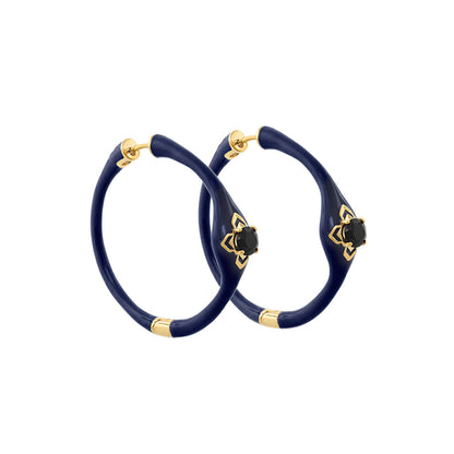 Starry Nights enamel hoop earrings navy blue hoops with gold-tone ends and black gemstone accents on Tampa Home & Garden Store