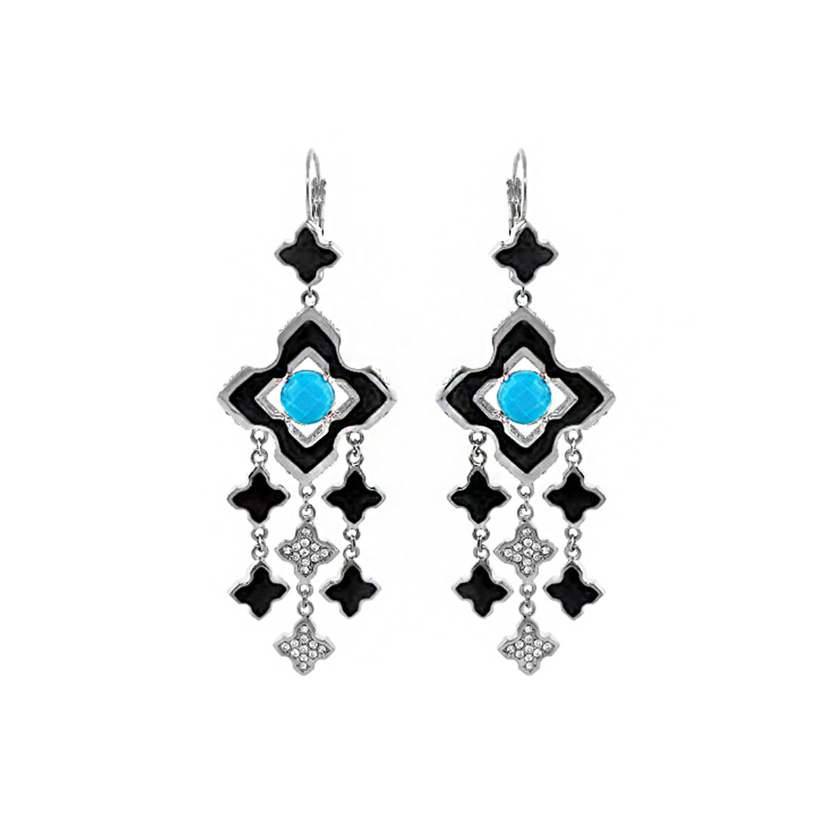 Pair of Lauren G Adams Starry Nights earrings with black enamel quatrefoils and blue stones on Tampa Home & Garden Store