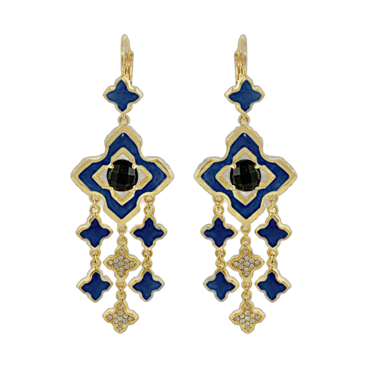 Starry Nights Earrings gold-tone chandelier with blue enamel geometric shapes and crystal drops on Tampa Home & Garden Store