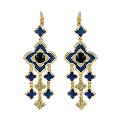 Starry Nights Earrings gold-tone chandelier with blue enamel geometric shapes and crystal drops on Tampa Home & Garden Store