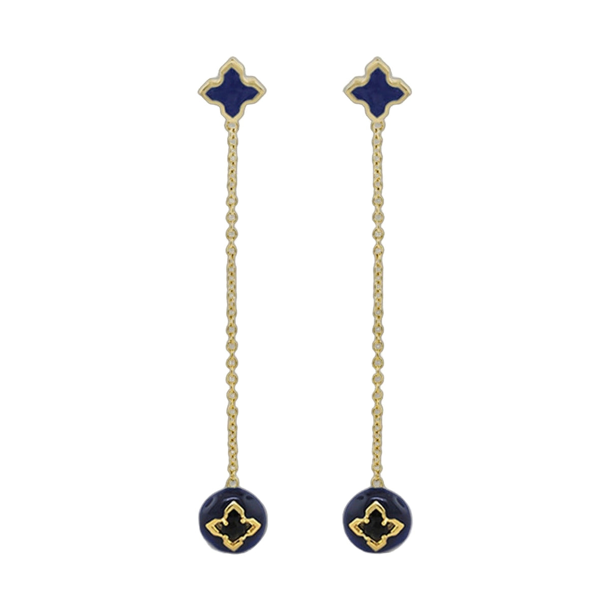 Starry Nights Earrings pair navy blue enamel quatrefoil studs with gold trim and chain drops on Tampa Home & Garden Store