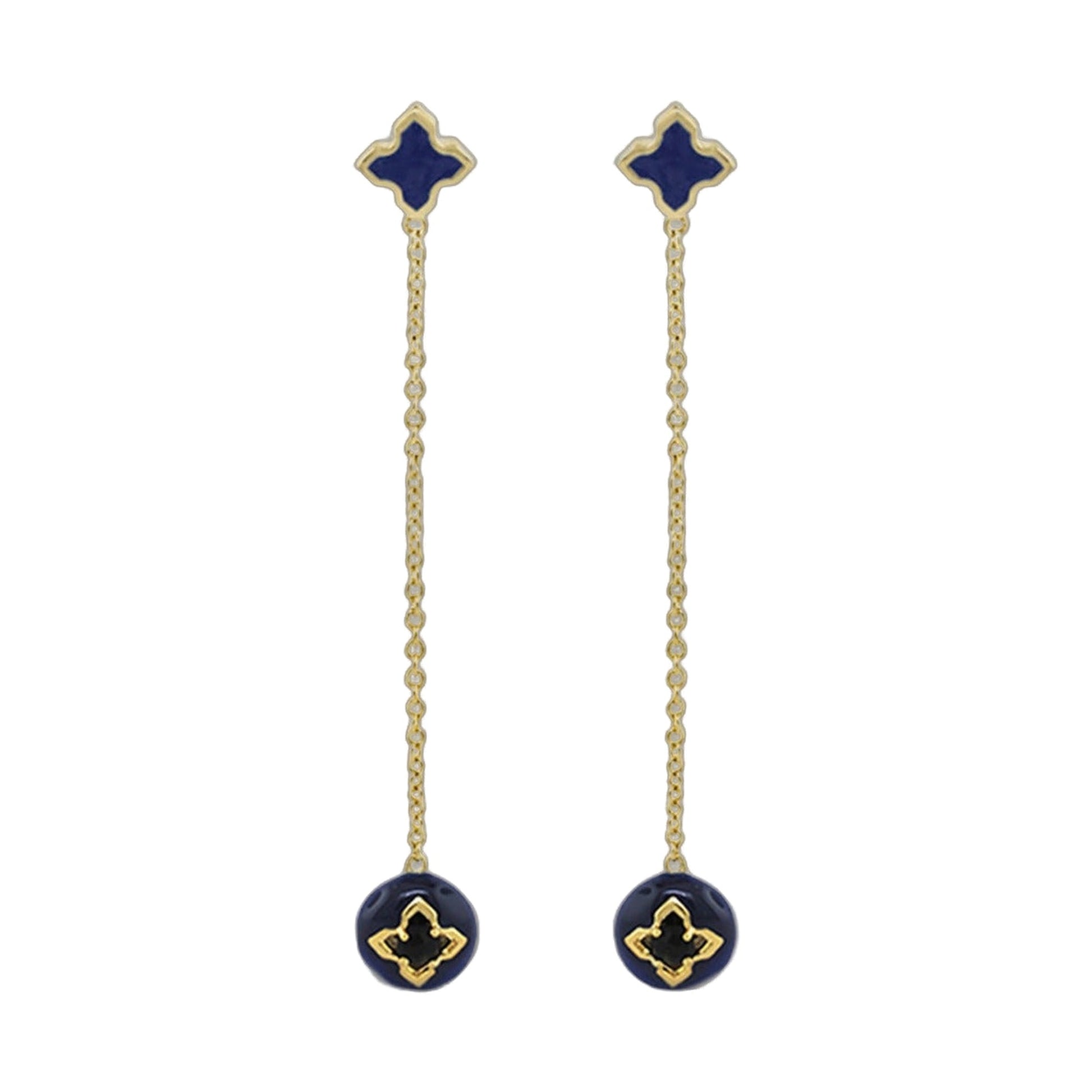 Starry Nights Earrings pair navy blue enamel quatrefoil studs with gold trim and chain drops on Tampa Home & Garden Store