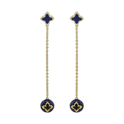 Starry Nights Earrings pair navy blue enamel quatrefoil studs with gold trim and chain drops on Tampa Home & Garden Store