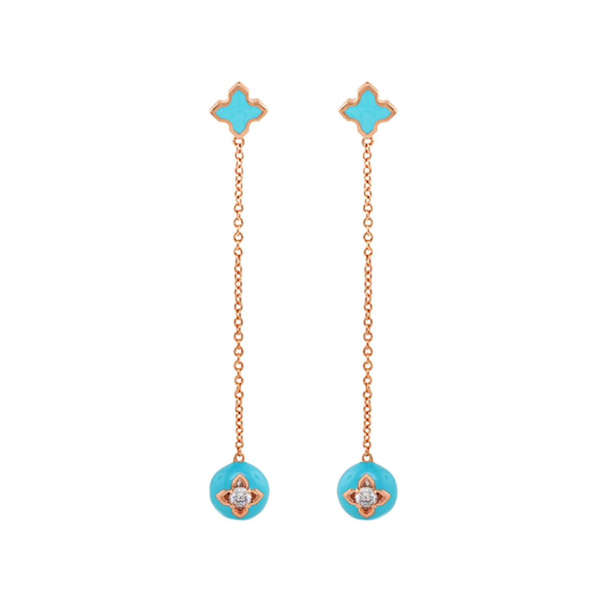 Starry Nights Earrings - turquoise enamel quatrefoil studs with rose-gold chain drops pair on Tampa Home & Garden Store