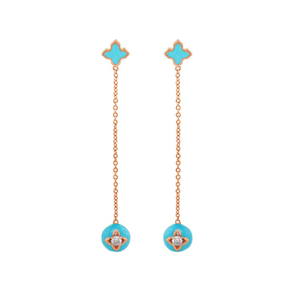 Starry Nights Earrings - turquoise enamel quatrefoil studs with rose-gold chain drops pair on Tampa Home & Garden Store