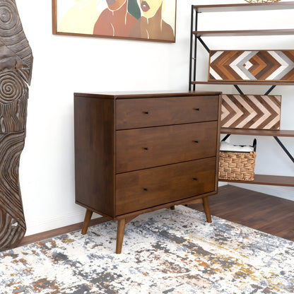 Brown solid wood 3-drawer dresser with black knobs and tapered legs on Tampa Home & Garden Store
