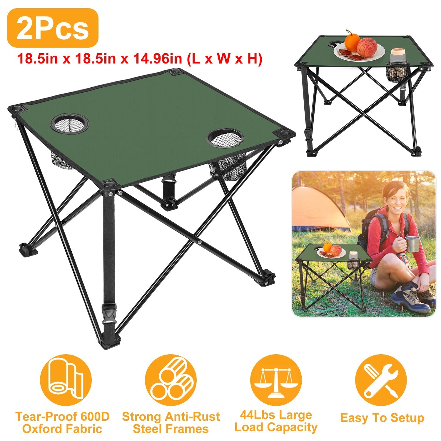 GemGear 2-Pcs foldable camping tables with green tops, cup holders, and steel frame on Tampa Home & Garden Store