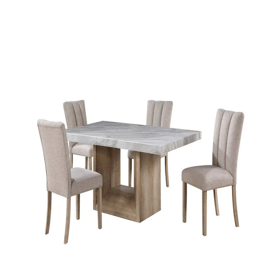 Sheena 5 Piece Dining Table Set with beige upholstered chairs and gray marble top on Tampa Home & Garden Store