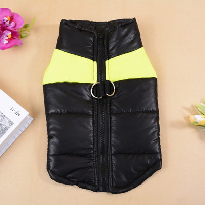 Dog outdoor coat vest, black puffer with neon yellow chest stripe, front zipper, D-ring on Tampa Home & Garden Store