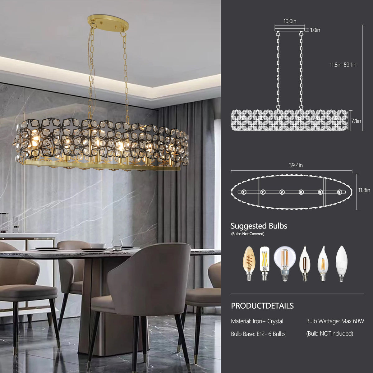 Chandelier 39in contemporary crystal and black-gold pendant by HouseOfZazla with panels on Tampa Home & Garden Store