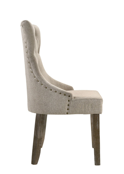 Two Tone Reclaimed Side Chair Set beige/gray fabric nailhead trim wood legs on Tampa Garden Store on Tampa Home & Garden Store