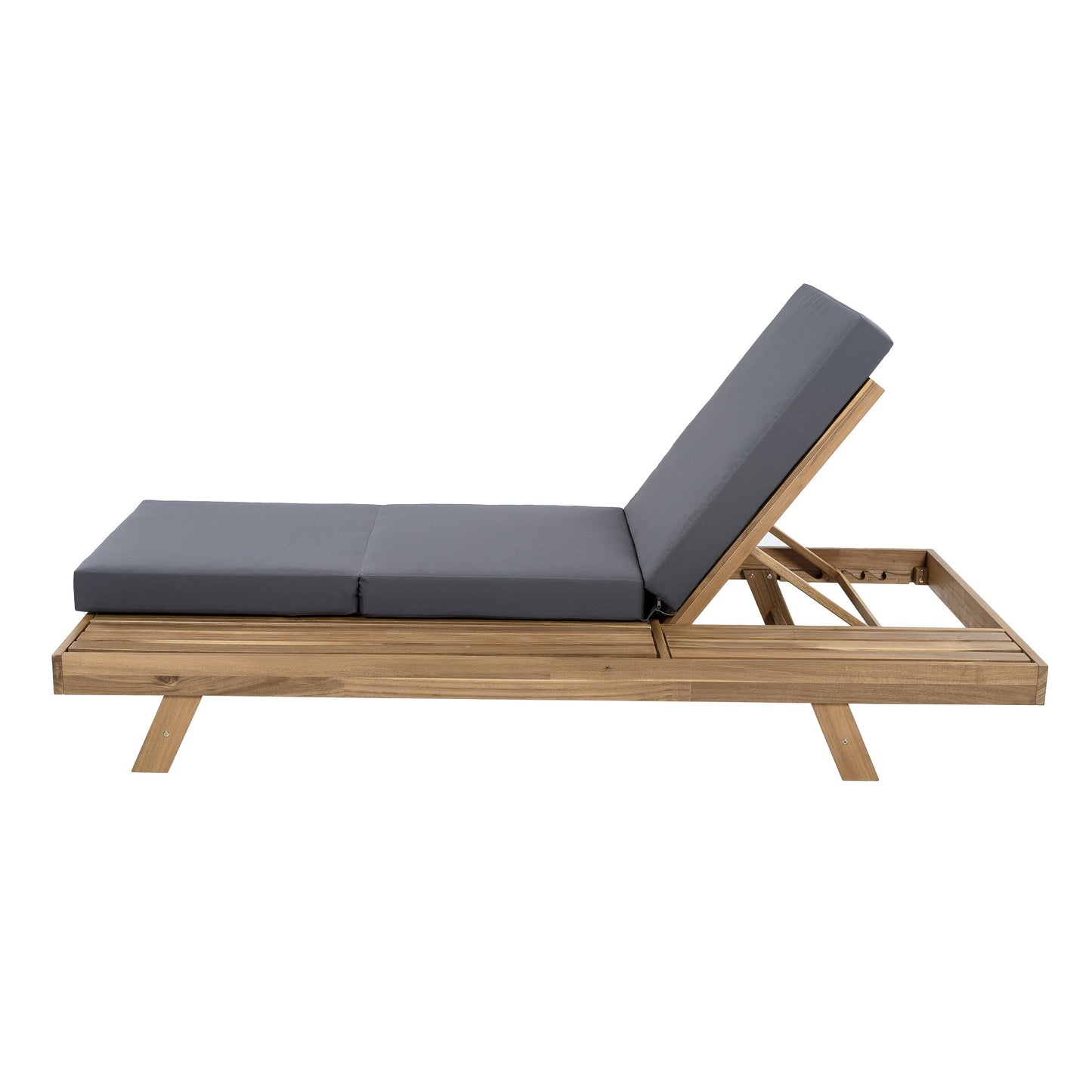 Outdoor lounge chaise with gray cushions on a wooden frame, space on one side on Tampa Home & Garden Store