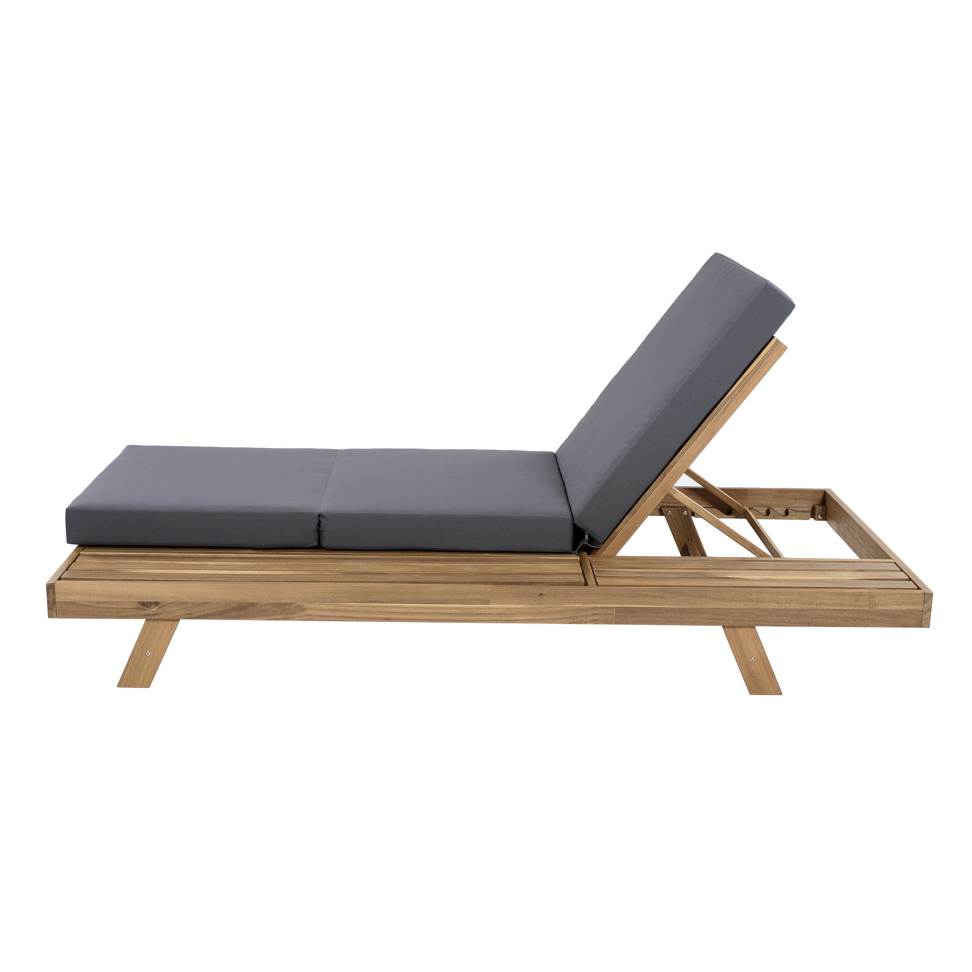 Outdoor lounge chaise with gray cushions on a wooden frame, space on one side on Tampa Home & Garden Store