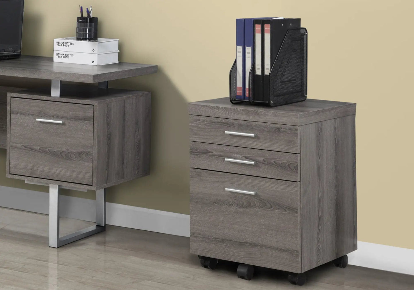 Filing cabinet in gray woodgrain with rolling 3-drawer unit and wall-mount printer stand on Tampa Home & Garden Store