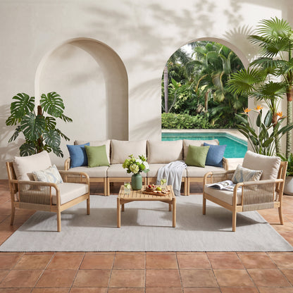 Casper Outdoor 6-Seater Sofa and Coffee Table Set in natural rattan with beige cushions on Tampa Home & Garden Store