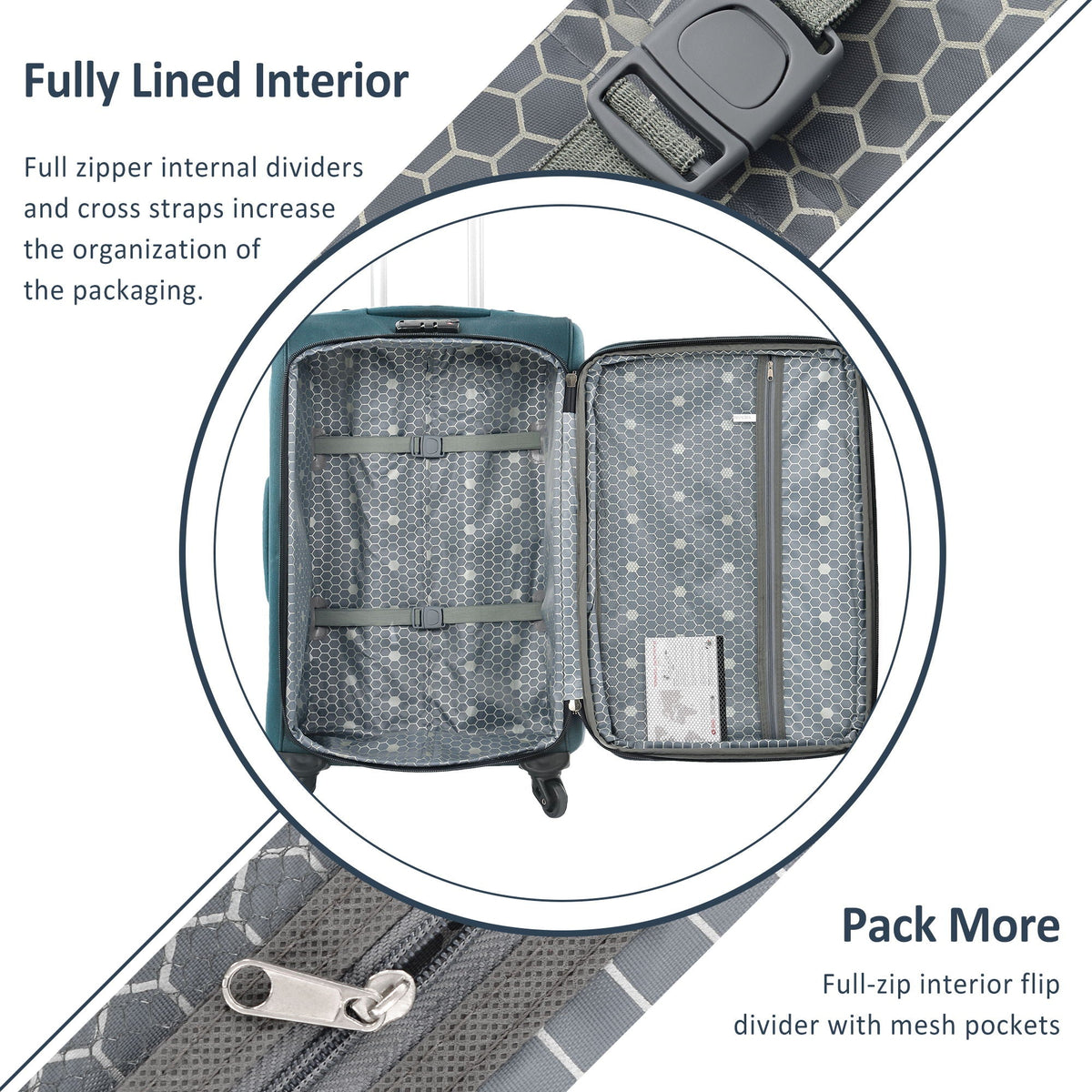 Softside luggage set open with teal exterior and hex-pattern interior; expandable 3-piece upright on Tampa Home & Garden Store