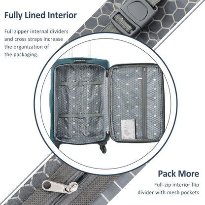 Softside luggage set open with teal exterior and hex-pattern interior; expandable 3-piece upright on Tampa Home & Garden Store