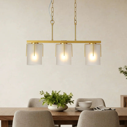 Adjustable cylindrical pendant light with gold finish and four shades, chain suspended on Tampa Home & Garden Store