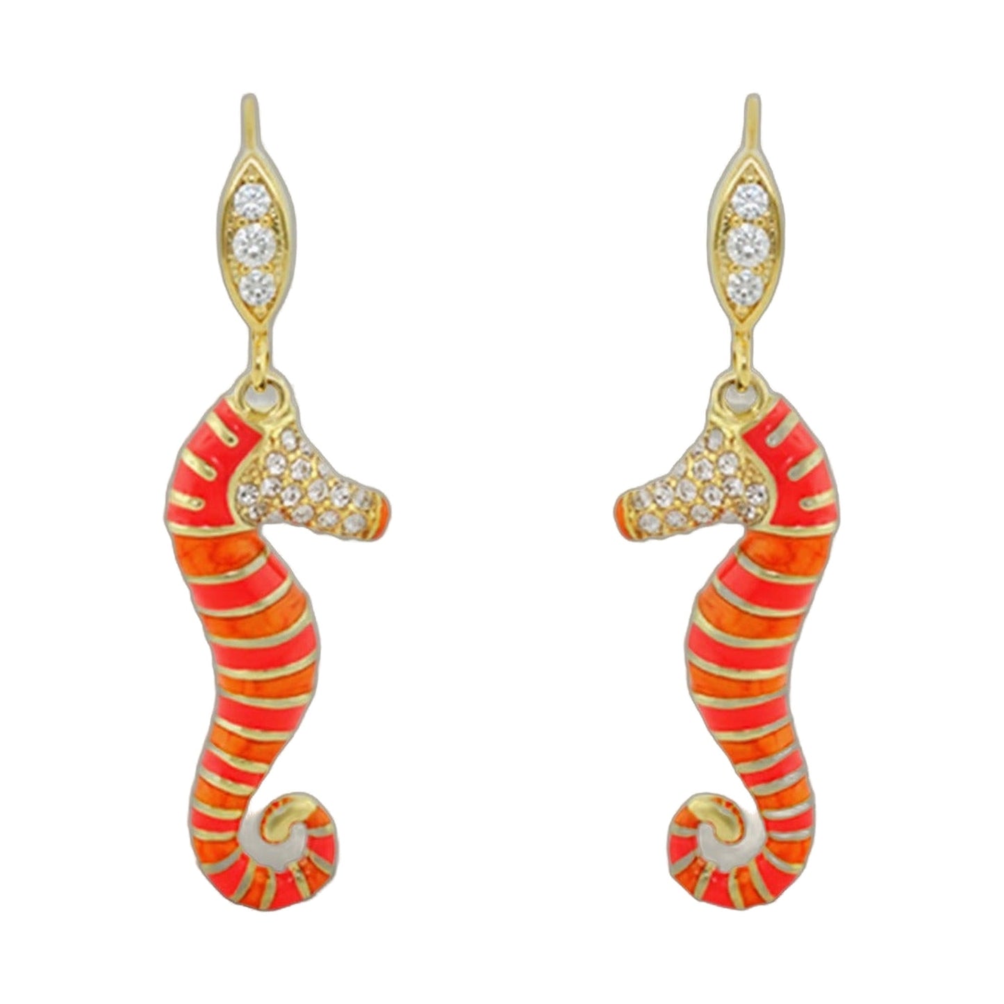 Eau Seahorse Earrings, Lauren G Adams, goldtone with diamonds and red enamel striped tails, on Tampa Home & Garden Store