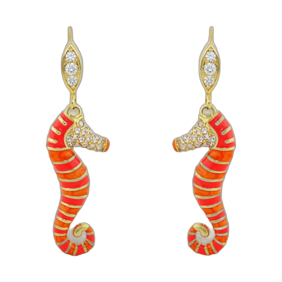Eau Seahorse Earrings, Lauren G Adams, goldtone with diamonds and red enamel striped tails, on Tampa Home & Garden Store