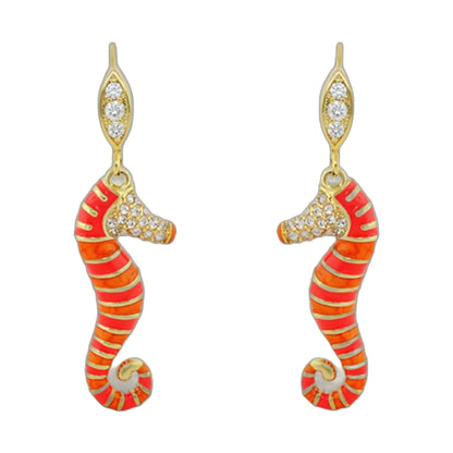 Eau Seahorse Earrings, Lauren G Adams, goldtone with diamonds and red enamel striped tails, on Tampa Home & Garden Store