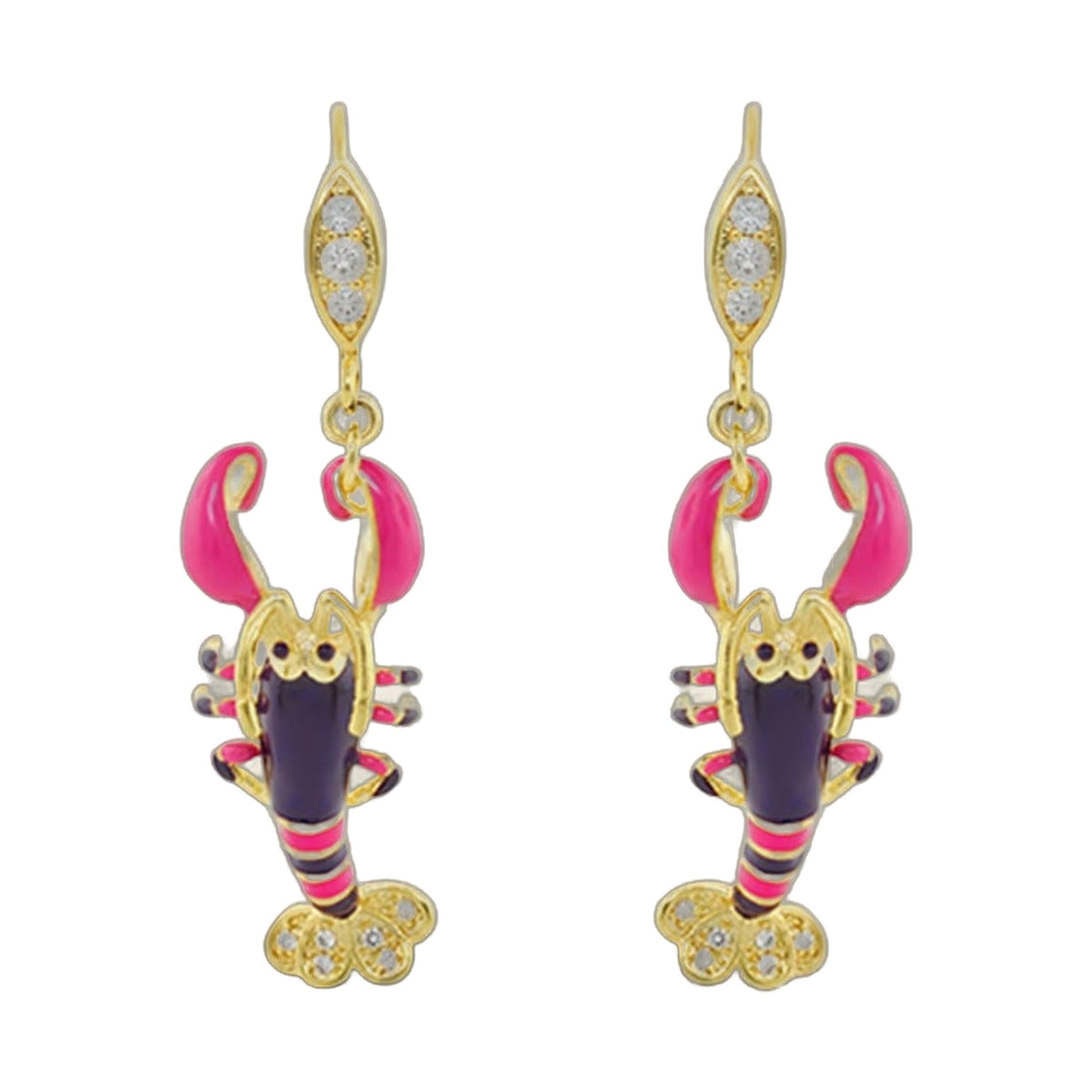 Eau Lobster Earrings by Lauren G Adams, gold-tone with pink enamel lobster charms and crystals on Tampa Home & Garden Store