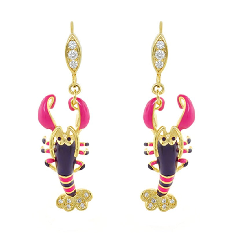 Eau Lobster Earrings, gold-tone lobsters with pink claws and crystals by Lauren G Adams on Tampa Home & Garden Store