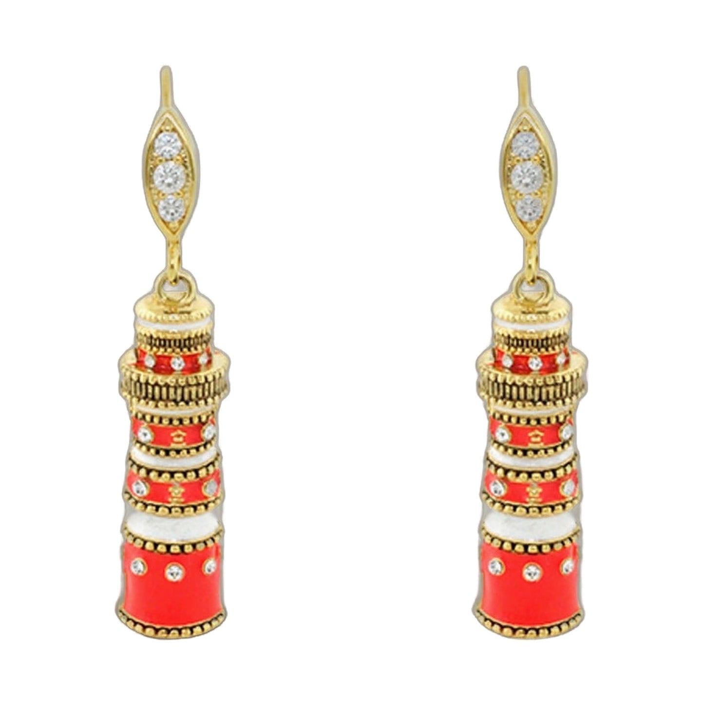 Eau Lighthouse Earrings, gold-tone drop with three clear stones and red enamel tassels (2) on Tampa Home & Garden Store