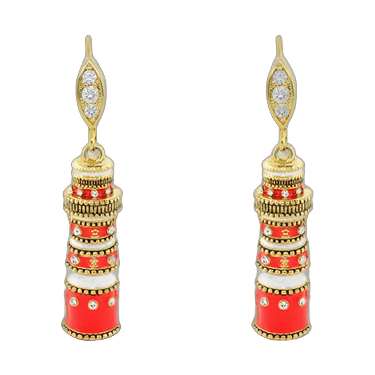 Eau Lighthouse Earrings, gold-tone drop with three clear stones and red enamel tassels (2) on Tampa Home & Garden Store
