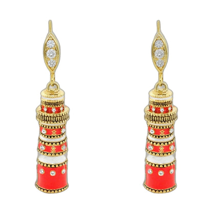 Eau Lighthouse Earrings, gold-tone drop with three clear stones and red enamel tassels (2) on Tampa Home & Garden Store