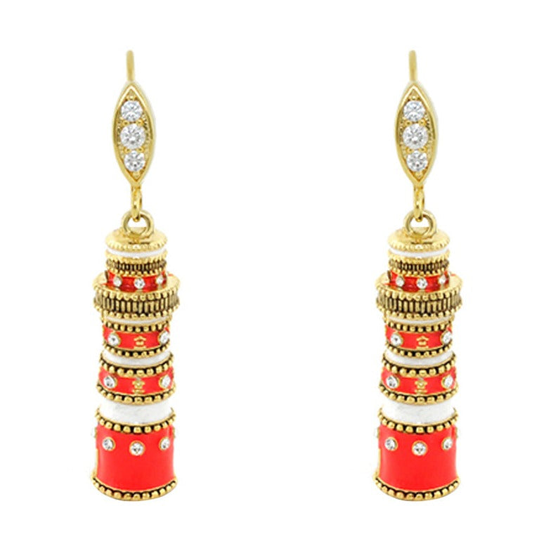 Eau Lighthouse Earrings pair gold earrings with red and white beaded cylinders and crystals on Tampa Home & Garden Store