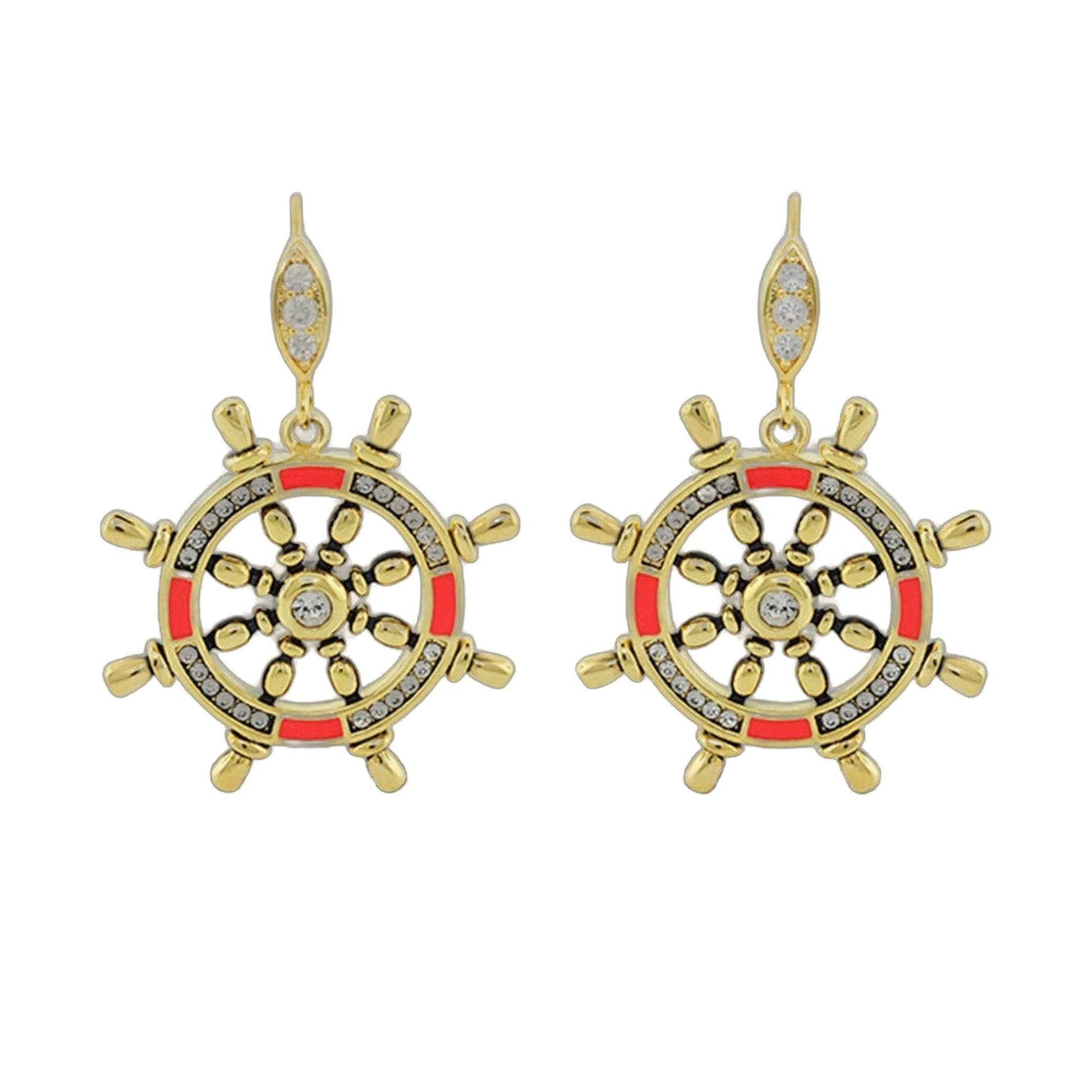 Eau Ship Wheel Earrings, gold-tone with red enamel accents and crystals by Lauren G Adams on Tampa Home & Garden Store