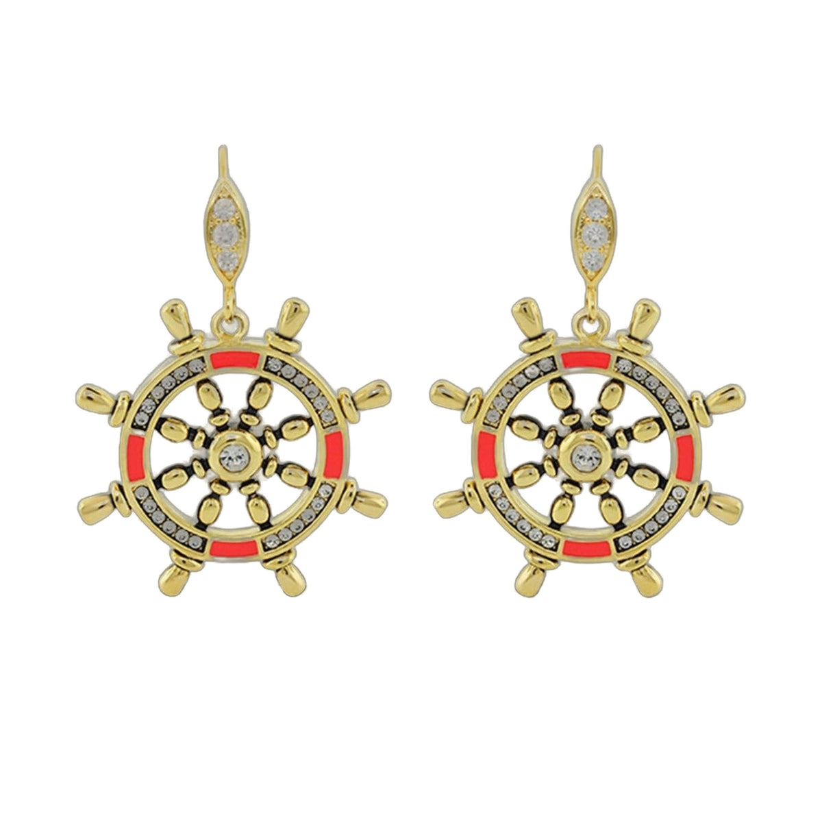 Eau Ship Wheel earrings by Lauren G Adams, gold ship wheel with crystals and red enamel, on Tampa Home & Garden Store